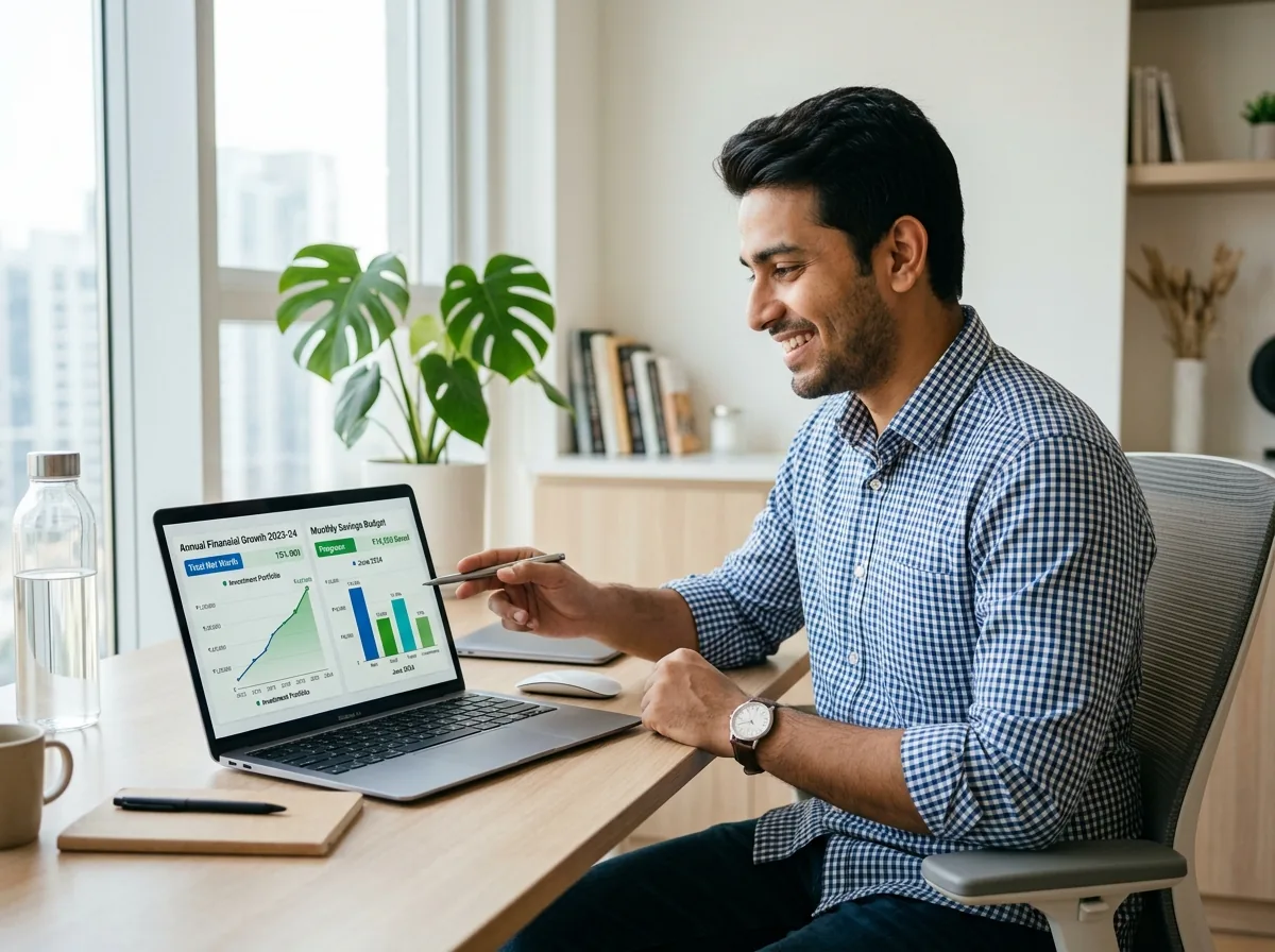 Indian professional analyzing salary deductions and wealth accumulation